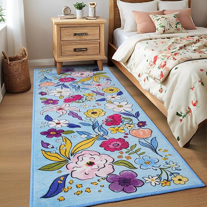 ST. BRIDGE Blue Runner Rug 2x6, Washable Rug Runners for Hallway Entryway Bedroom, Non-Slip Low Pile Boho Floral Throw Rugs Soft Faux Wool Floor Carpet for Kitchen, Bathroom, Laundry