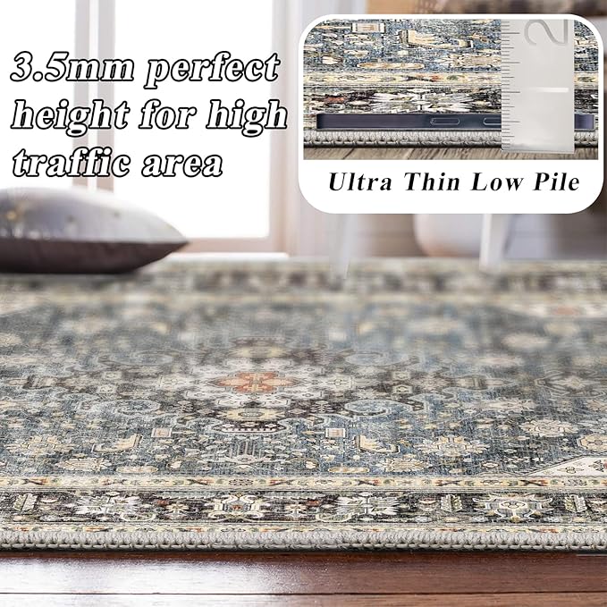 Living Room Area Rugs 10x14: Extra Large Area Rug Super Soft Distressed Oriental Rugs with Non-Slip Backing - Thin Stain Resistant Indoor Rug - 10x14 Navy Blue