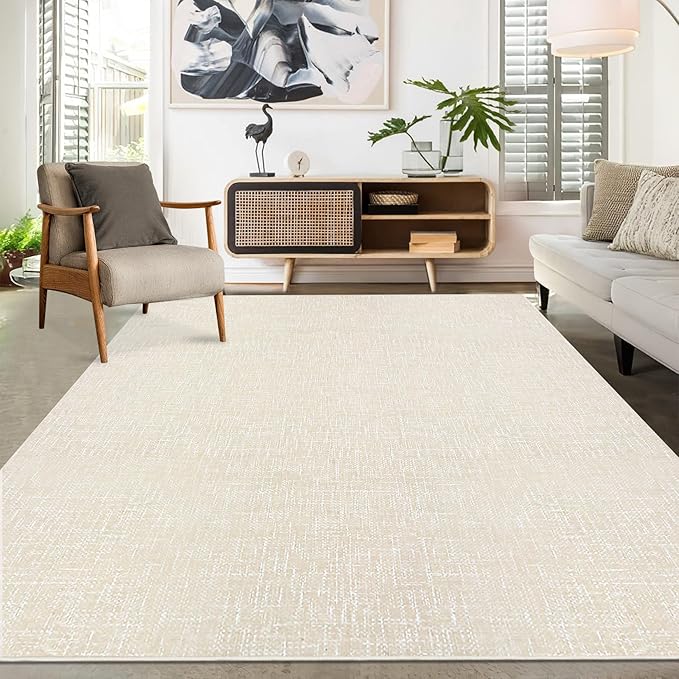 Bedroom Area Rug 4x6 Modern Abstract Area Rug Stain Resistant Small Living Room Rug Contemporary Dining Room Rug Non-Slip Solid Rug Aesthetic Accent Floor Carpet for Kitchen Office, Cream