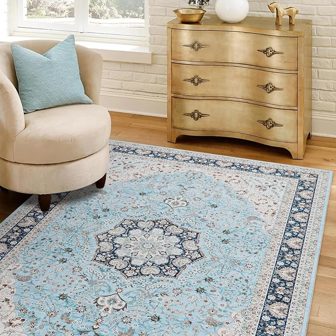 3x5 Area Rug, Washable Rugs for Living Room Bedroom Entryway Indoor Door mat, Vintage Boho Rugs Low-Pile Floor Carpet Light Blue