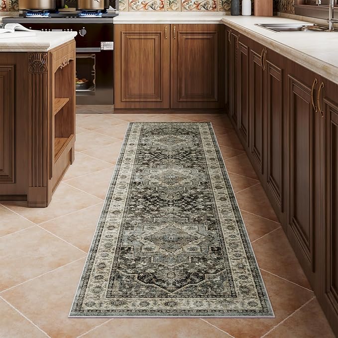 Dripex 2x8 Runner Rug, Machine Washable Non Slip Area Rug,Boho Kitchen Runner Rug, 0.24" Low Pile Vintage Rug, Floor Carpet for Entryway, Hallway, Kitchen and Corridor,Dark Blue and Green