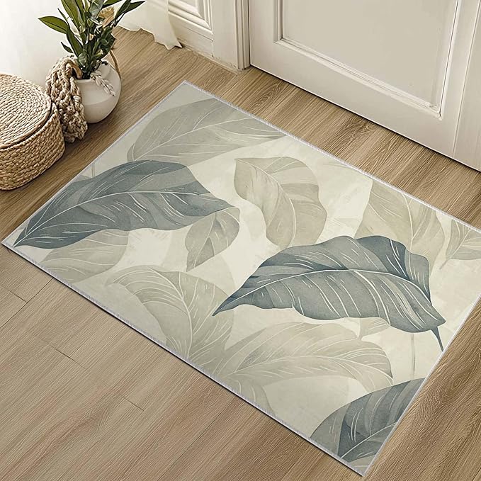 2x3 Entryway Rug Vintage Botanical Leaf Beige Area Rug Thin Small Carpet Bathroom Non Slip Indoor Entrance Low Pile Door Mat Kitchen Stain Resistant Washable Machine