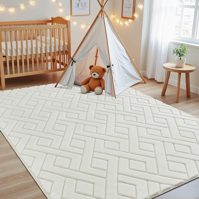 Ultra Soft Cream White Area Rug for Living Room, 5x7 Modern Geometric Shag Rugs with Nonslip Backing for Bedroom, Washable Fuzzy Carpet for Cozy Kids Girls Room Nursery