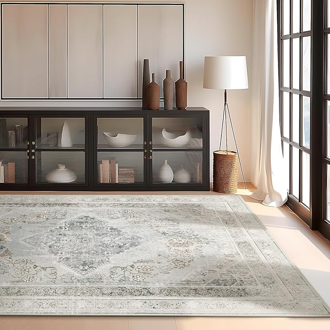 Phantoscope Vintage Collection Area Rug - 9'x12' Large Living Room Accent Rug - Washable, Non-Slip for Bedroom & Dining Room, Low-Pile Distressed Floor Carpet, Grey/Dull Teal