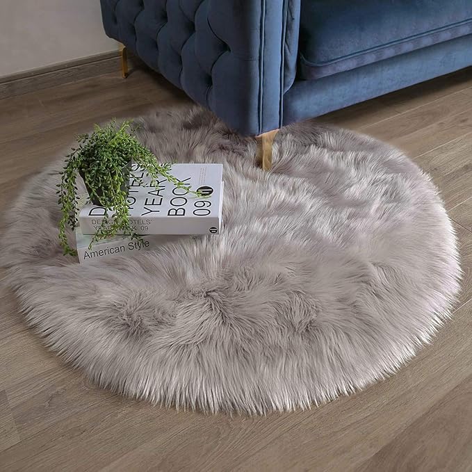 Ashler Faux Fur Rug, Fluffy Shaggy Area Rug Ultra Soft 3 x 3 Feet Round Fur Rug, Grey Fuzzy Rug Machine Washable Shag Rug, Nursery Decor Throw Rugs for Bedroom, Kids Room, Living Room