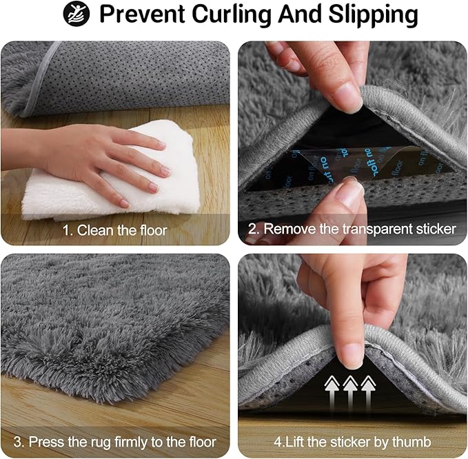 2x3 Rug for Bedroom, Fluffy Area Rugs for Living Room, Small Soft Shag Fuzzy Shaggy Carpets for Kids Boys and Girls Dorm with 4 Non-Slip Rug Tapes for Room Home Decor (2ft x 3ft, Dark Grey)