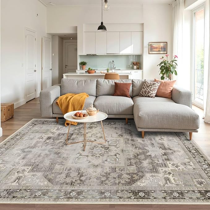 4x6 Washable Area Rug for Living Room, Vintage Boho Rugs for Office, Dining Room, Kids Room, Farmhouse, Durable Low Pile Non Slip Carpet for High Traffic Areas, Brown