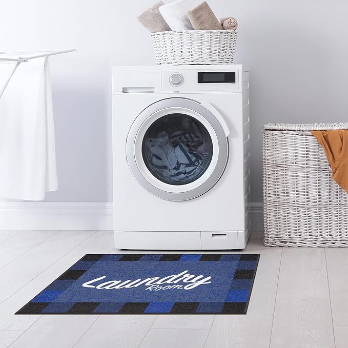 Ottomanson Machine Washable Checkered Border Laundry Room Rug Non-Slip Rubberback 2x3 Pack of 2 Laundry Area Rug for Laundry Room, Bathroom, Washroom, 26" x 35" - Pack of 2, Blue