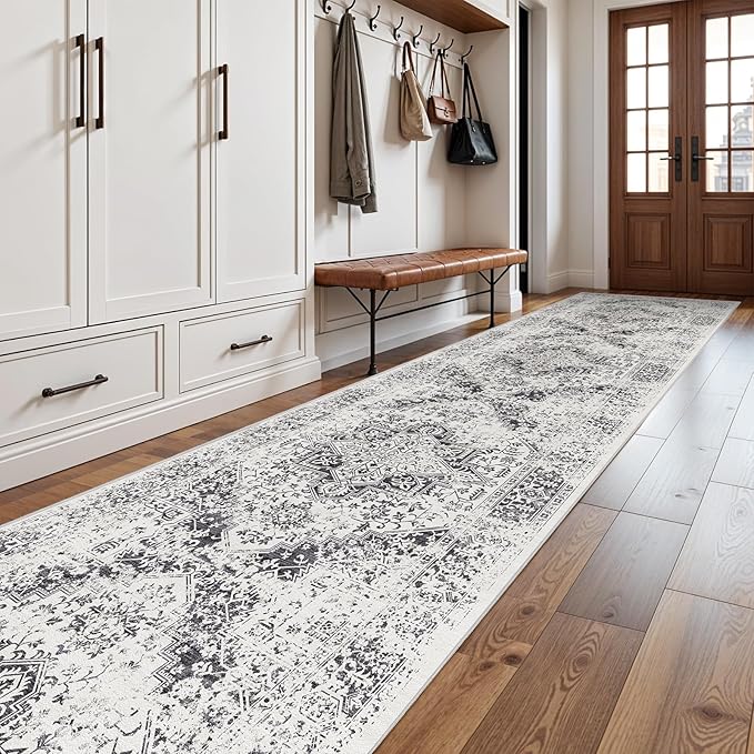 Washable Hallway Runner Rug 3x16: Soft Vintage Kitchen Laundry Runner Non Slip Low-Pile Entryway Living Room Stain Resistance Indoor Floor Long Carpet for Bedroom Bathroom, Grey