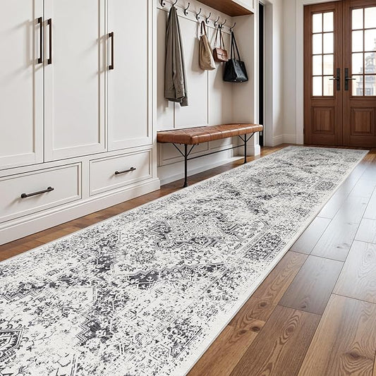 Washable Hallway Runner Rug 3x16: Soft Vintage Kitchen Laundry Runner Non Slip Low-Pile Entryway Living Room Stain Resistance Indoor Floor Long Carpet for Bedroom Bathroom, Grey