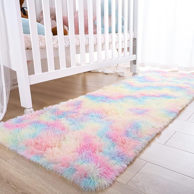 Noahas Fluffy Rainbow Rugs for Bedroom Girls,2x6 Shag Pink Kids Room Rug,Shaggy Area Rugs for Living Room,Soft Fuzzy Colorful Playroom Nursery Dorm Carpets Room Decor