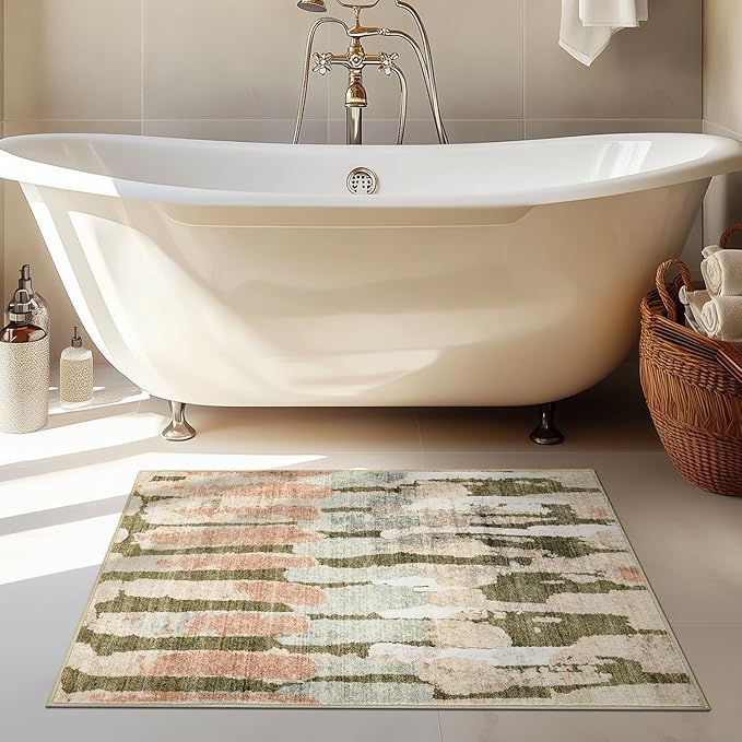 jinchan Spring Area Rug 2x3 Modern Abstract Washable Entryway Rug Soft Small Moss Green Multi Contemporary Accent Mat Non Slip Backing Carpet for Kitchen Bathroom Laundry Room
