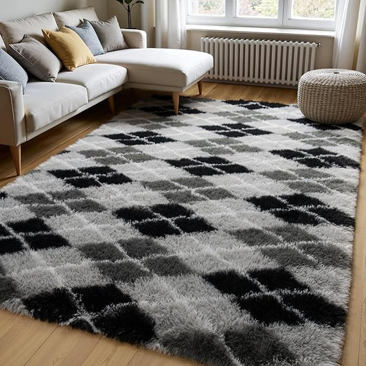 Zentavio Area Rugs for Living Room Large Rugs for Bedroom 5x8 Carpet Fluffy Fuzzy Soft Shag Aesthetic Plush High Pile Gray Throw Rug for Nursery Kids Room Dorm Diomond Black
