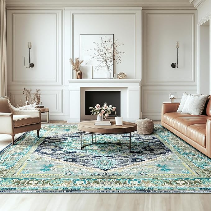 BESTSWEETIE 3x5 Area Rugs for Living Room Washable Non Slip Carpet Low Pile Soft Vintage Print Pattern Rug for Bedroom Dining Room Kitchen Entryway Indoor-Teal/Navy/Green/Yellow