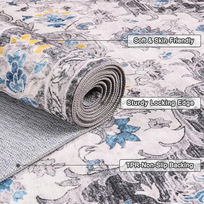 4x6 Area Rugs for Living Room, Foldable Machine Washable Rug, Soft Low Pile Non-Slip Vintage Floral Rug, Carpet for Bedroom, Dining Room, Bedside, Farmhouse, Office, Dorm (Gray, 4'×6')