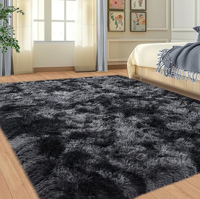 6x9 Fluffy Shag Area Rugs for Living Room, Soft Cozy Large Fuzzy Shaggy Carpet for Boys Girls Kids Bedroom, Non-Slip & High Pile, Modern Indoor Floor Plush Thick Rug, Tie-dye Dark Grey