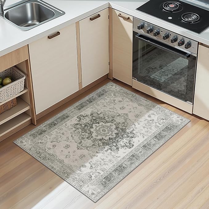 2x3 Machine Washable Non-Slip Area Rug & Mat - Soft Faux Wool & Polyester, Boho Stain-Resistant Indoor Throw Carpet for Entryway, Kitchen, Bathroom, Bedroom, Living, Low Pile, High Traffic