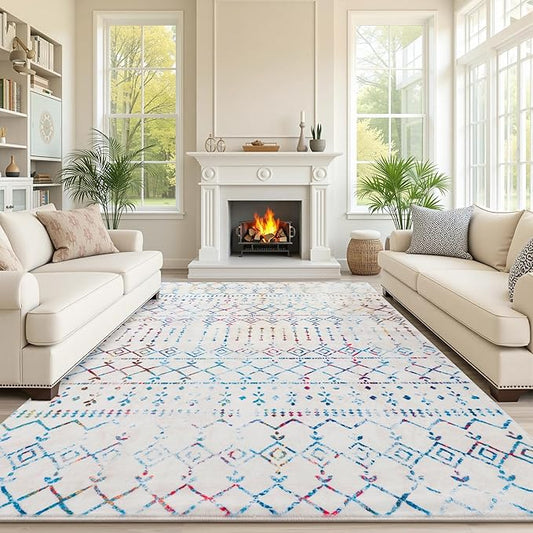 Carvapet Rugs for Living Room Bedroom, Colorful Boho Low Pile Large Carpet with Rubber Backing, Foldable, Non Slip Machine Washable (9 x 6 Feet Rectangular, Colorful Area Rug)
