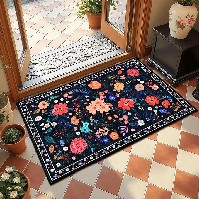 2x3 Small Floral Rug for Entryway, Flowers Printed Washable Rugs with Non Slip Backing for Girls Bedroom Kitchen, Cute Throw Carpet Front Door Entry Decor, Black
