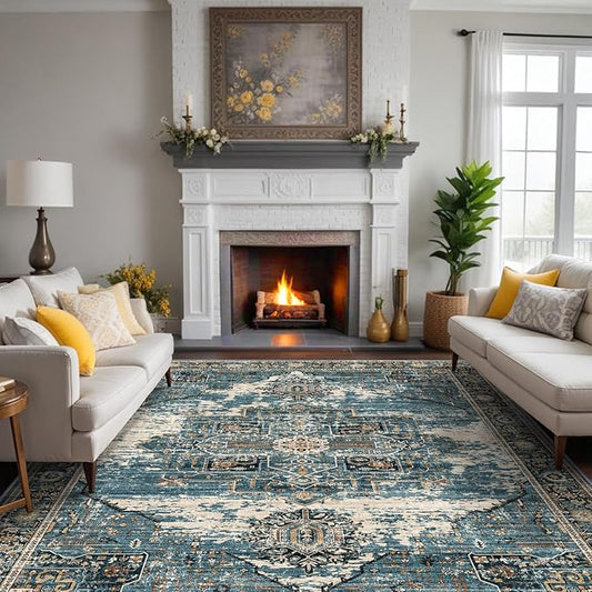 RUUGME 10x12 Area Rug Washable - Vintage Lightweight Rugs for Bedroom Soft Area Rugs for Living Room Stain Resistant Carpet with Non Slip Backing Indoor Ultra-Thin Rugs Home Decor 10x12 Blue