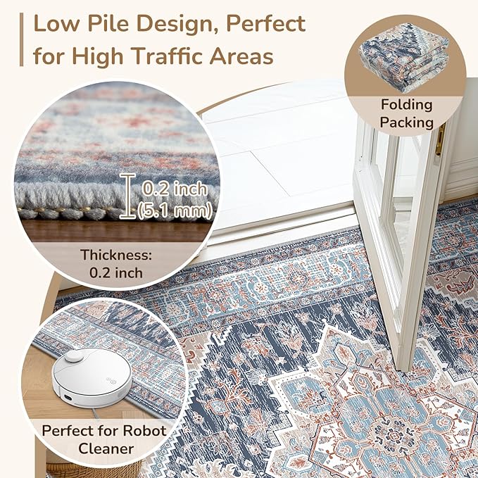 BESTSWEETIE 2x3 Area Rugs for Living Room Washable Non Slip Carpet Low Pile Soft Vintage Print Pattern Rug for Bedroom Dining Room Kitchen Entryway Indoor-Navy Blue/Light Blue/Natural/Brick