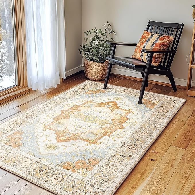 Washable 5x7 Area Rugs, Rugs for Living Room, Low-Pile Water&Stain Resistant Carpet Vintage Distressed Printed Non-Slip Carpet for Bedroom Bathroom Kitchen-Orange
