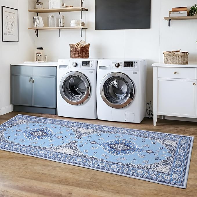 Tepook 2x6 Vintage Runner Rug - Low Pile Washable Non-Slip Carpet for Hallway, Kitchen, Bedroom, Entryway, Laundry Room, Bathroom - Indoor Throw Rug in Blue