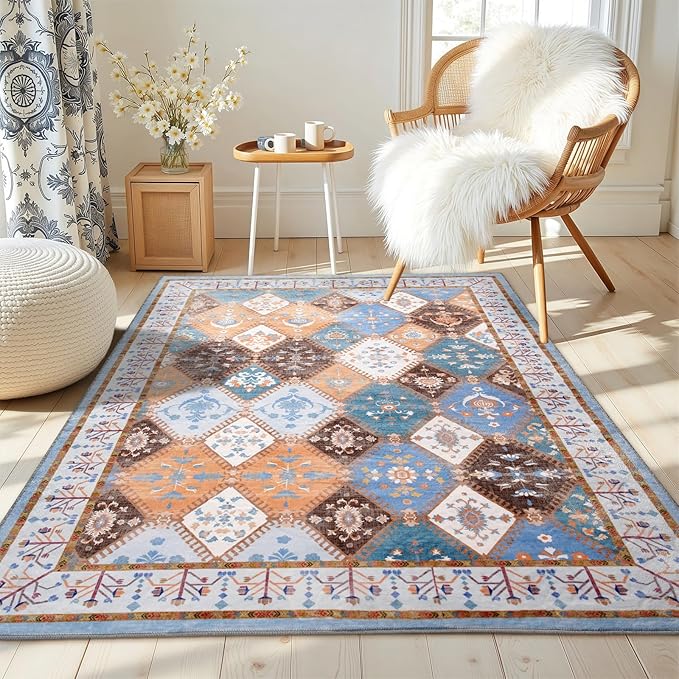 4x6 Washable Area Rug for Bedroom, Blue Boho Non-Slip Living Room Rugs, Moroccan Floral Trellis Carpet Soft Low Pile Accent Indoor Mat for Bedside Kitchen Laundry Room