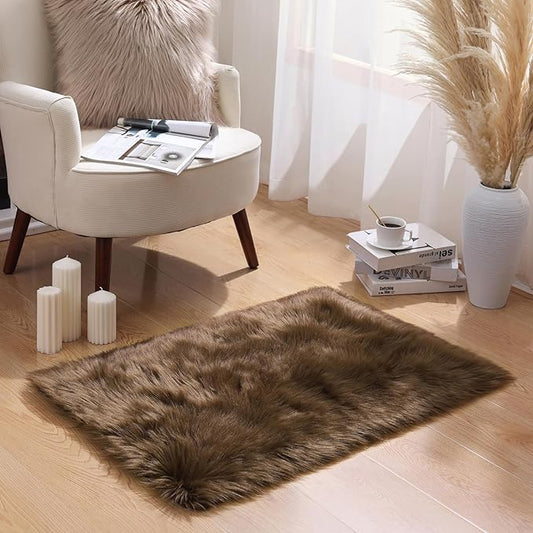 Ashler Faux Fur Rug - Fluffy Shaggy 2 x 3 Feet Rectangle Sheepskin Fur, Dark Coffee Fuzzy Machine Washable Shag, Nursery Decor Throw for Bedroom, Living Room