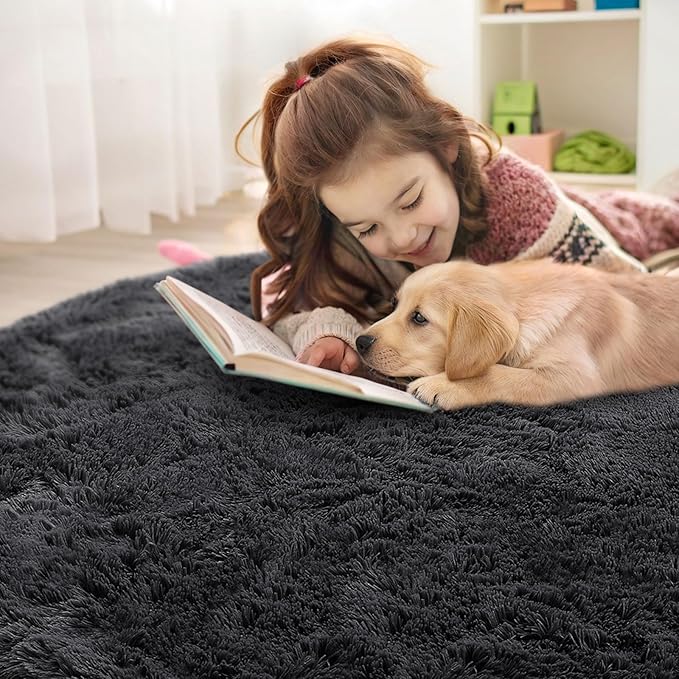 OLANLY Black Round Rugs for Bedroom - Machine Washable, 6x6 Feet Circle Area Rugs for Living Room, Soft and Fluffy Shaggy Carpet for Teen Girls and Boys, Dorms, Nursery Rooms, Home Decor Aesthetic