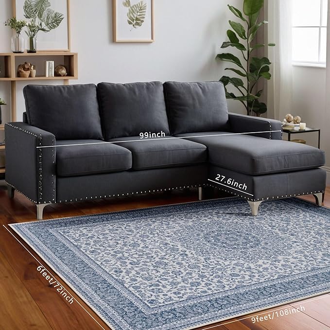 Floral Washable Area Rug 6x9, Spill-Proof Surface, Non-Slip Backing, Cozy Soft Faux Wool, Printed Rug for Living Room, Bedroom, Dining Room Nursery- Ieve