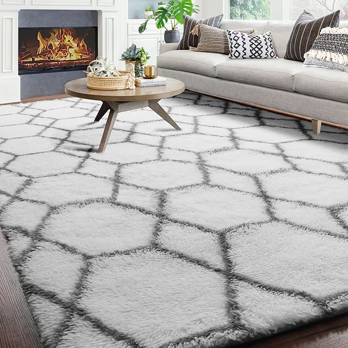 ONASAR Large Area Rugs for Living Room, 7x10 White and Grey Rug, Moroccan Thick Floor Mat for Bedroom Home Decor Aesthetic, Soft Fuzzy Shaggy Plush Fluffy Geometric Carpet for Teen Classroom