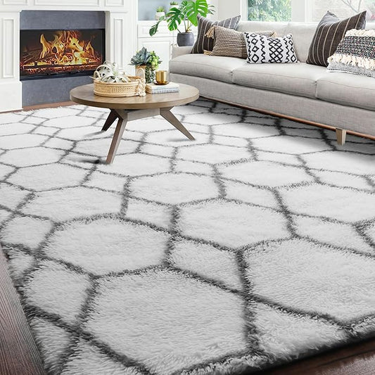ONASAR Large Area Rugs for Living Room, 7x10 White and Grey Rug, Moroccan Thick Floor Mat for Bedroom Home Decor Aesthetic, Soft Fuzzy Shaggy Plush Fluffy Geometric Carpet for Teen Classroom