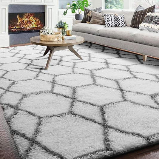 ONASAR 6x9 Area Rugs for Living Room Bedroom, Washable Large Fluffy White and Grey Throw Rug, Geometric Soft Plush Shaggy Floor Carpet for Nursery Kids Girls Boys Teen Dorm Home Decor Aesthetic