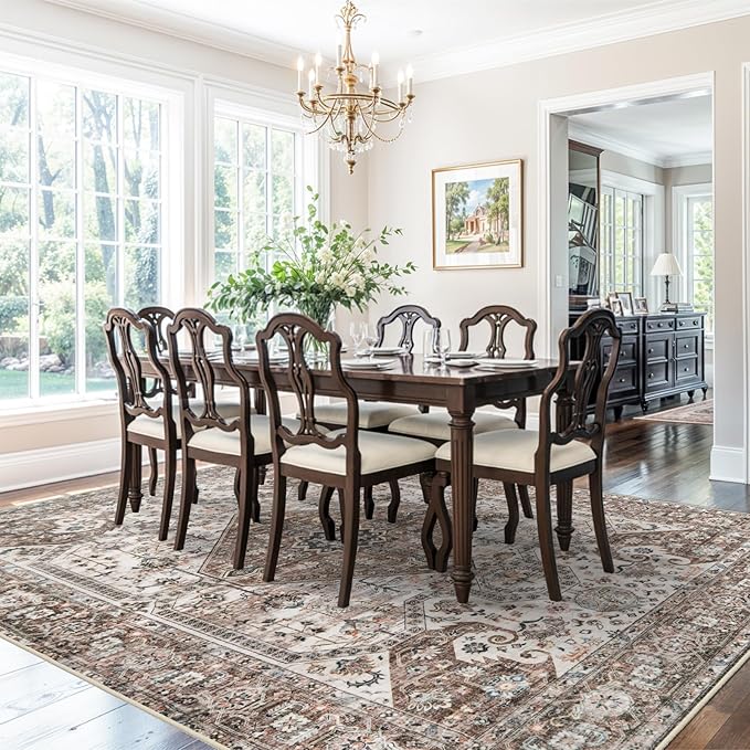 Washable 9x12 Large Area Rug: Vintage Non-Slip Backing Rugs for Living Room Stain Resistant Bedroom Carpet Soft Medallion Farmhouse Floor Mat for Dining Room Home Office 9x12 Brown
