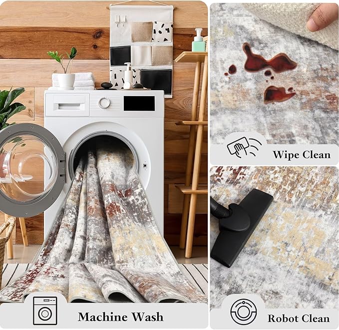 Washable Abstract Rug, 2x3 Small Modern Area Rugs with Non-Slip Rubber Backed for Kitchen, Thin but Soft Throw Carpet Bedroom Entryway Front Door Decor, Rusty Brown