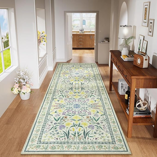 Amearea Green Runner Rugs for Hallway, 2x6 Feet Area Rugs for Bedroom Girls, Washable Floral Collection Bedside Rugs Low Pile Print Carpet, Kids Room Entrance Kitchen Living Room Decor