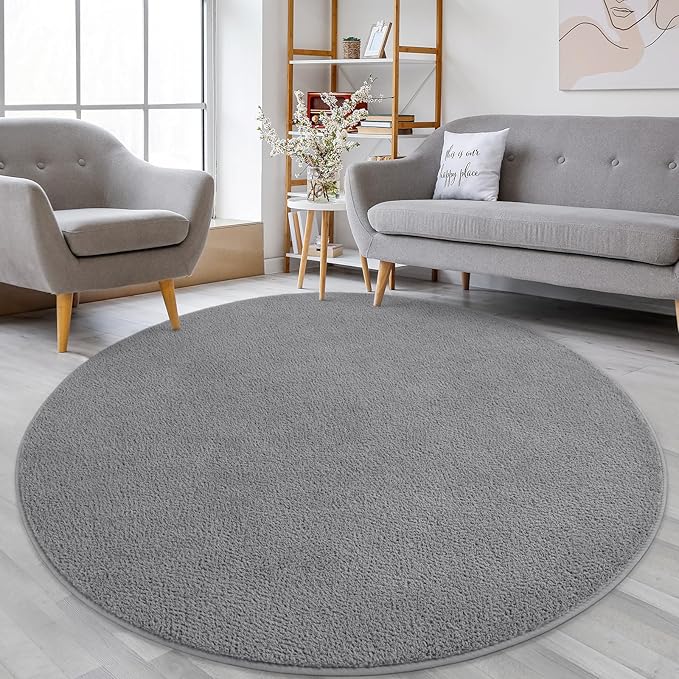 Lascpt Round Rug for Bedroom 5x5, Grey Circle Rug for Living Room Super Soft Thicken Memory Foam Circular Rug, Non-Slip Indoor Area Rug for Modern Home Decor, Round Carpet for Nursery Kid's Room