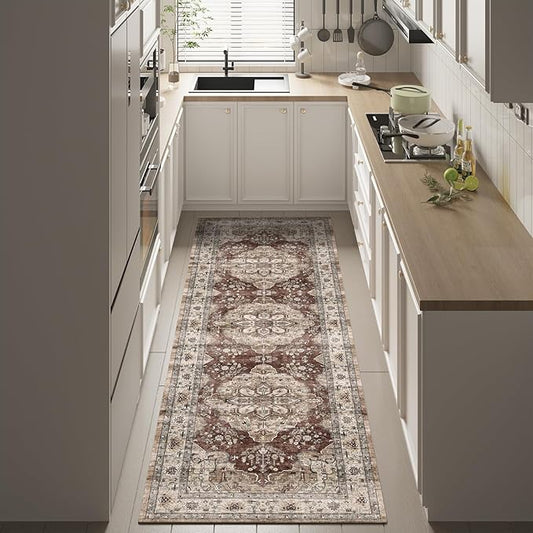 2'5x8 Low Pile Distressed Runner,Washable Runner Rugs Non-Slip&Low-Pile Kitchen Orange Collection Rug, Laundry Room Rug
