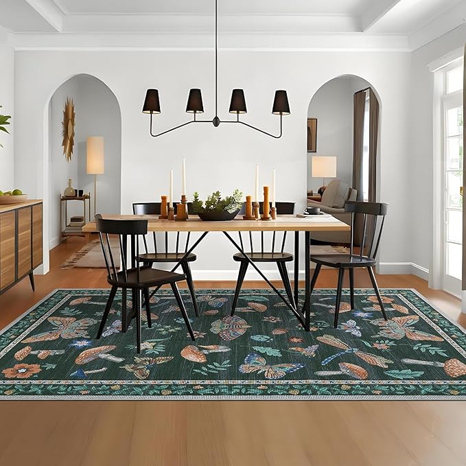 Washable Rug 5x7 Area Rugs for Living Room, Mushroom Insect Rug for Bedroom, 5x7 Rug Non Slip Throw Rugs with Rubber Back, Low Pile Stain Resistant Modern Carpet for Dining Room Dorm,Black