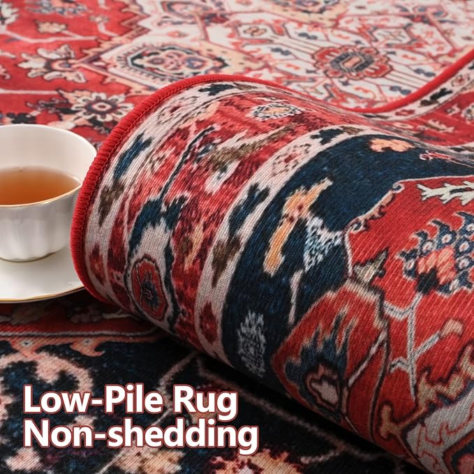YJ.GWL Doormat Boho Area Rug 2x3, Machine Washable Small Low Pile Lightweight Thin Entryway Rug, Floral Vintage Distress Print Pattern Carpet for Entrance Kitchen Bedroom, Red