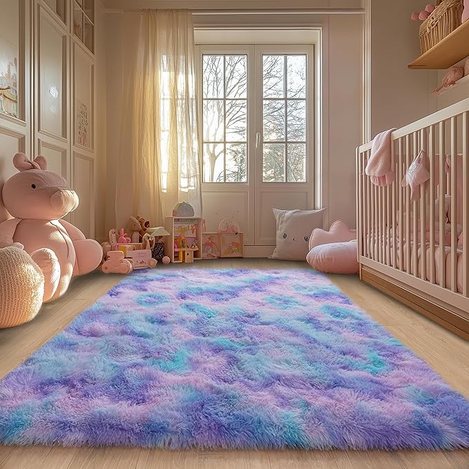 Purple Rainbow Fluffy Rug for Bedroom 5x7 ft - Ultra Soft & Non Slip Shaggy Area Rug, Comfy Durable Carpet for Living Room Kids Room Teens Dorm Home Decor, 1.7'' Thick Indoor Plush Carpets