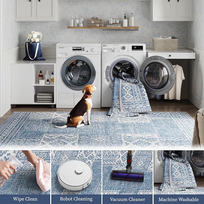 jinchan Area Rug 2x3 Ultra-Thin Door Mat Washable Vintage Boho Geometric Entryway Rug Non-Slip Non-Shedding Carpet for Bathroom Bedroom Laundry Room Blue Ivory
