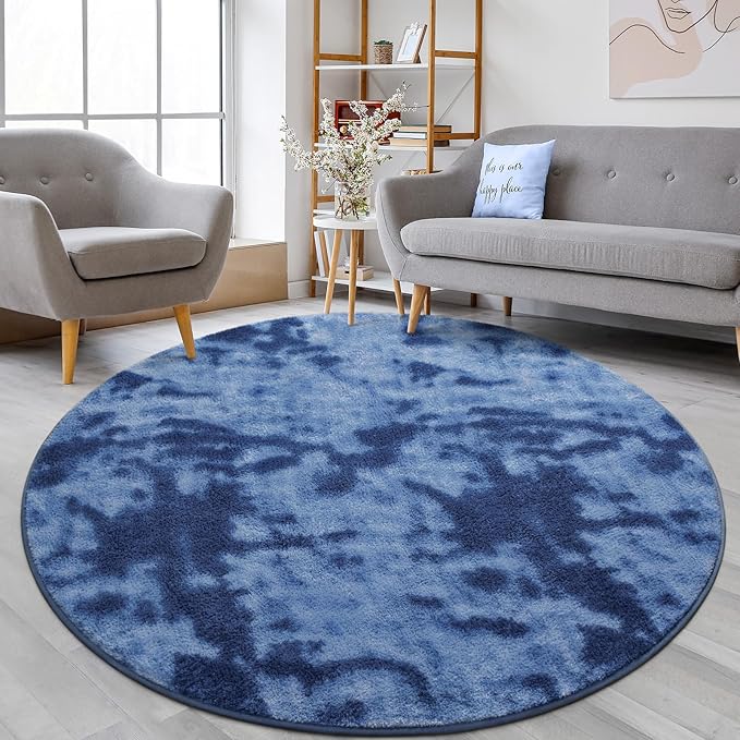 Lascpt Round Rug for Bedroom 7x7, Tie-Dyed Navy Blue Circle Rug for Living Room Super Soft Thicken Memory Foam Circular Rug, Indoor Area Rug for Modern Home Decor, Round Carpet for Nursery Kid's Room