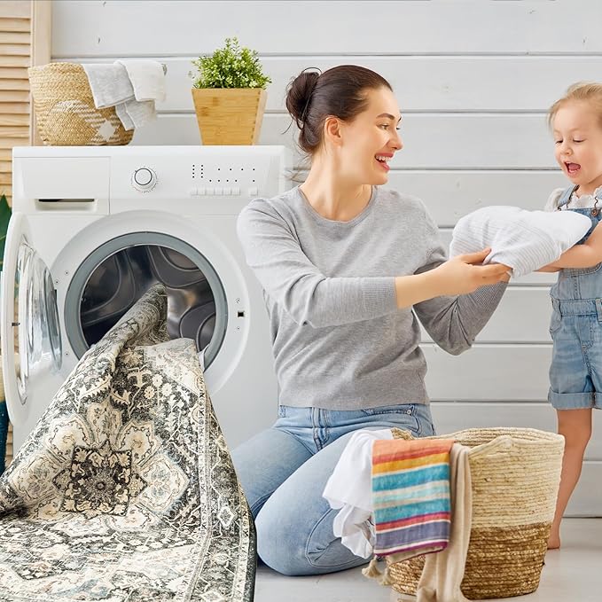 Washable Area Rugs 8x10 - Large Rugs for Living Room Non-Slip Non-Shedding Thin Carpet for Bedroom Kitchen Stain and Water Resistant Indoor Carpets (Black/Grey, 8x10)