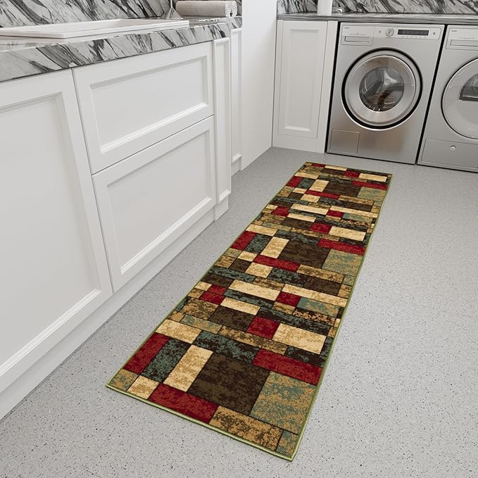 Ottomanson Hallway Runner Rug 1'10" x 7' Non Slip Boxes Area Rugs Easy to Clean Laundry Rug Runner Durable & Pet Friendly Floor Carpet Runners for Hallways Entryway Living Room Kitchen, Multicolor