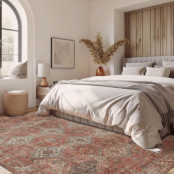 Bavni 4x6 Area Rugs for Living Room, Machine Washable Rug Non Slip, Vintage Chenille Distressed Print Carpet, Large Low Pile Ultra-Thin Lightweight Rugs for Bedroom, Dining Room, Office, Spice Sky