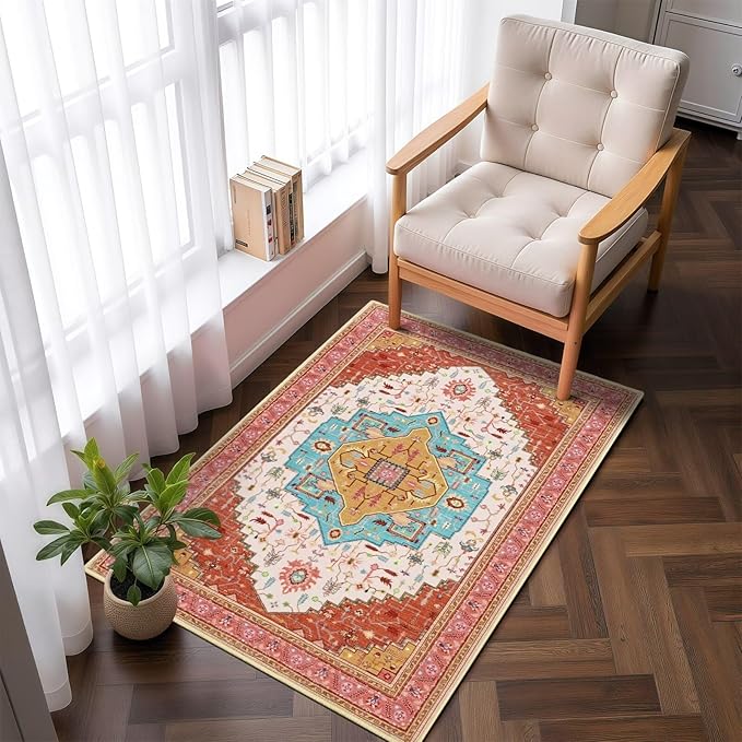 2x3 Orange Pink Small Area Rug for Entryway, Soft Washable Rugs with Non-Slip Backing for Bedroom Kitchen, Vintage Throw Carpet Laundry Entry Front Front Door Decor