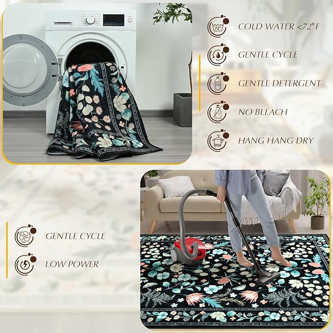 Area Rugs for Living Room, Washable 5x7 Vintage Rug for Bedroom, Non-Slip Floral Carpet for Home Office Nursery Dining Room Kitchen, Black