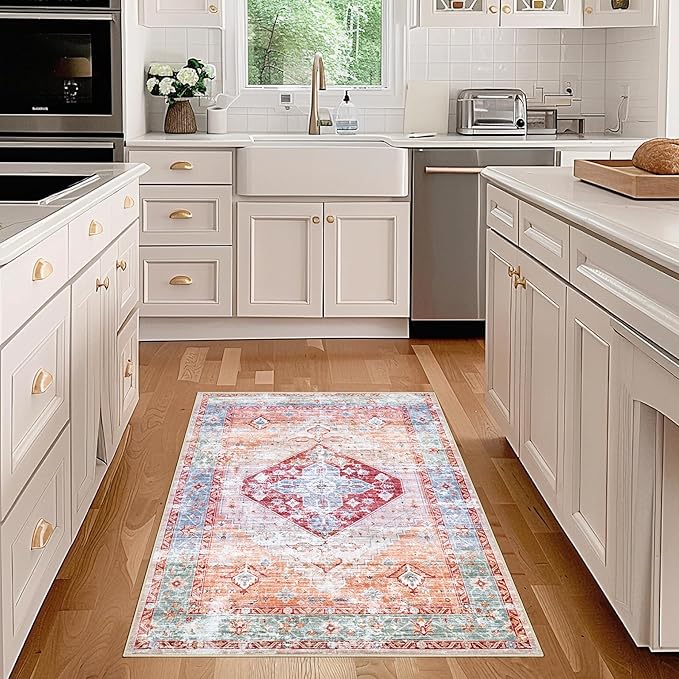 2x3 Rug Entryway Rugs: Washable Boho Vintage Small Rug Indoor Medallion Soft Non Slip Ultra Thin Non-Shedding Front Door Mat for Kitchen Bathroom Bedroom (Peach 2'x3')